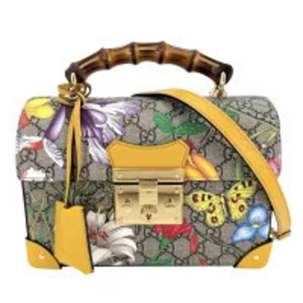 Gucci GG Flora Flower Bamboo Flower Butterfly Canvas Leather Top Bag Brown